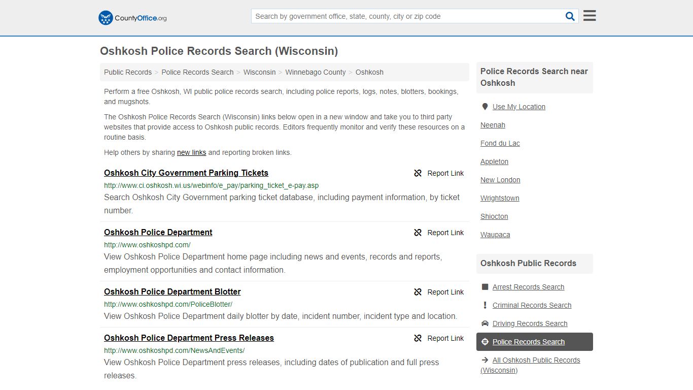 Oshkosh Police Records Search (Wisconsin) - County Office