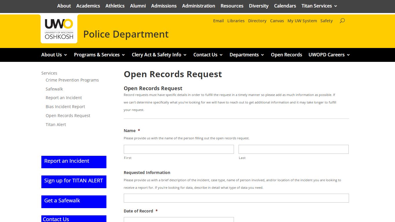 Open Records Request - Police Department University of Wisconsin Oshkosh